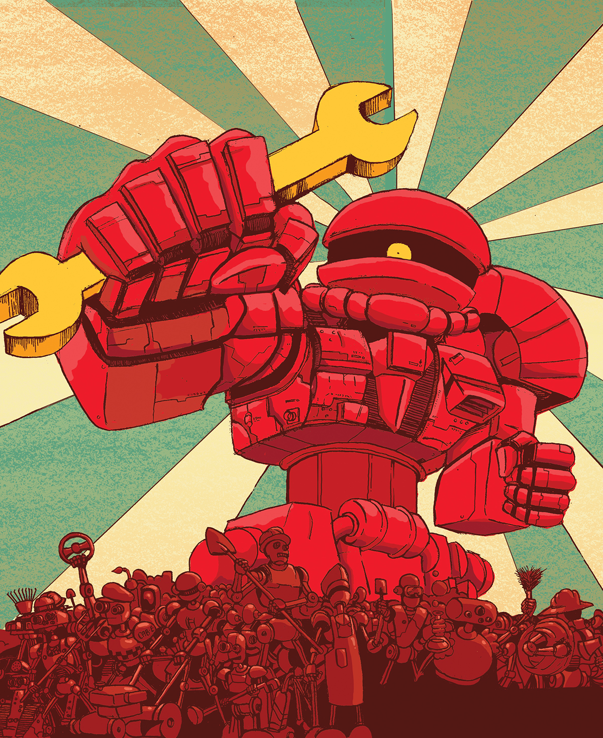 Adobe Portfolio robots robot magazine digital cover editorial revolution Propaganda Workers red