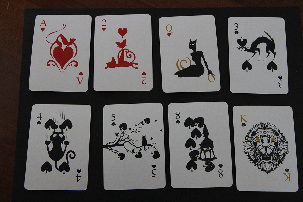 Playing Cards custom design cards vectors cats images red black numbers design Games card games card design deck box