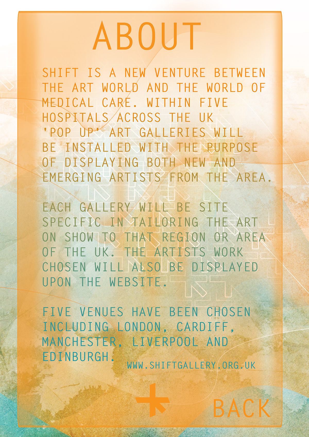 SHIFT Touring art gallery orange gray UK the partners blue anatomy iphone app logo Typeface hospitals cross