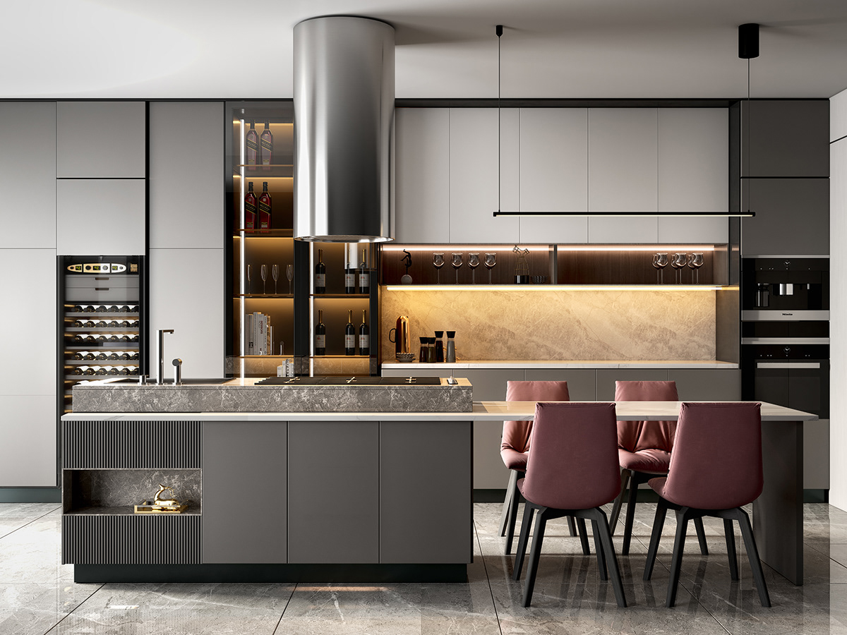 3D architecture dark Interior interior design  island kitchen kitchen kitchen cabinets Render vray