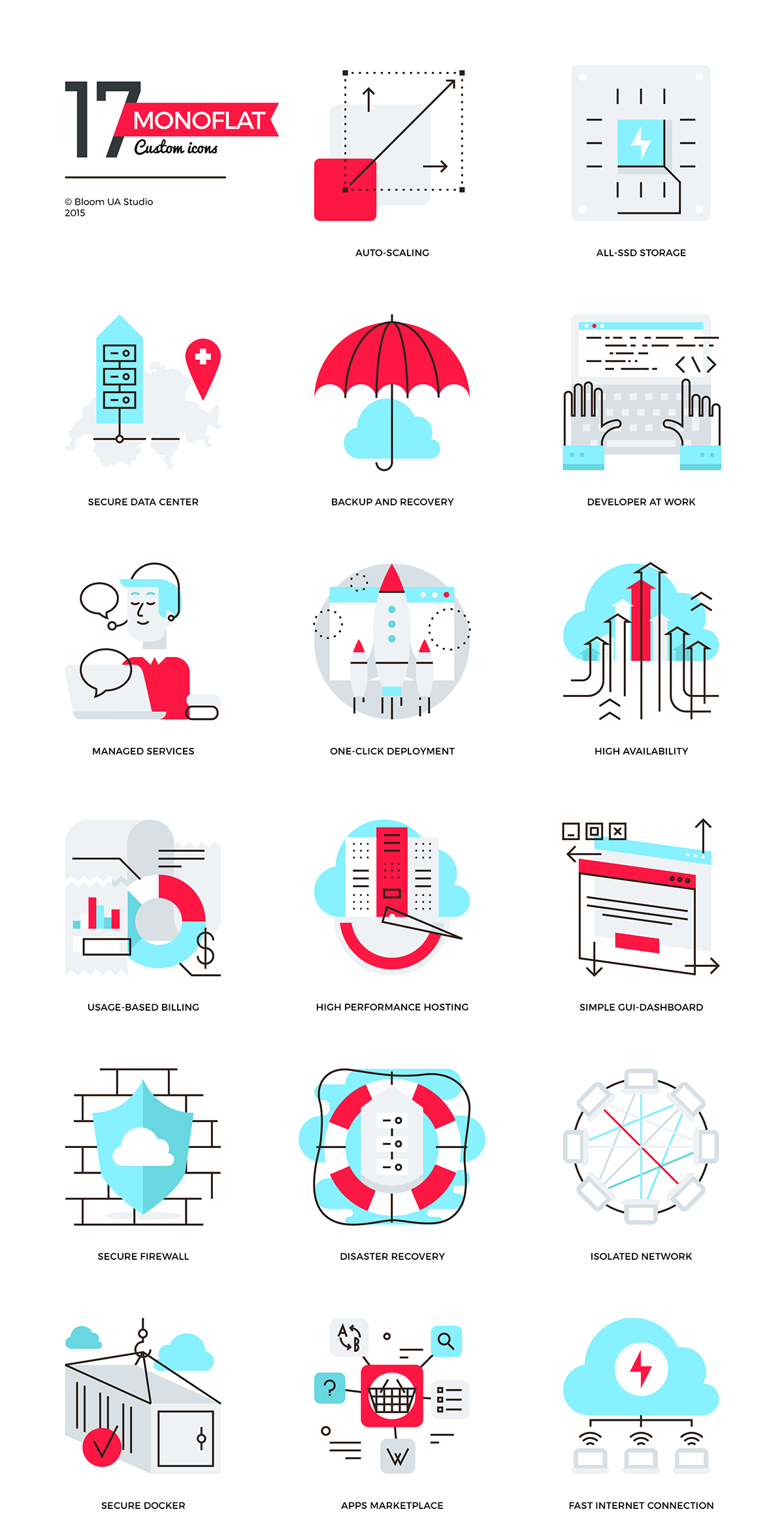 Icon flat line brand cloud cloud computing server digital design Web icons Data hosting illustrations