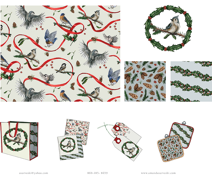 Christmas pattern Collection birds pinecones holly holidays bags Tote