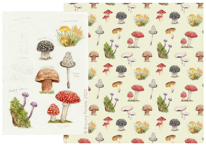 botanical illustration floral forest Mushrooms Nature surface pattern design watercolour wildlife wildlife art woodland