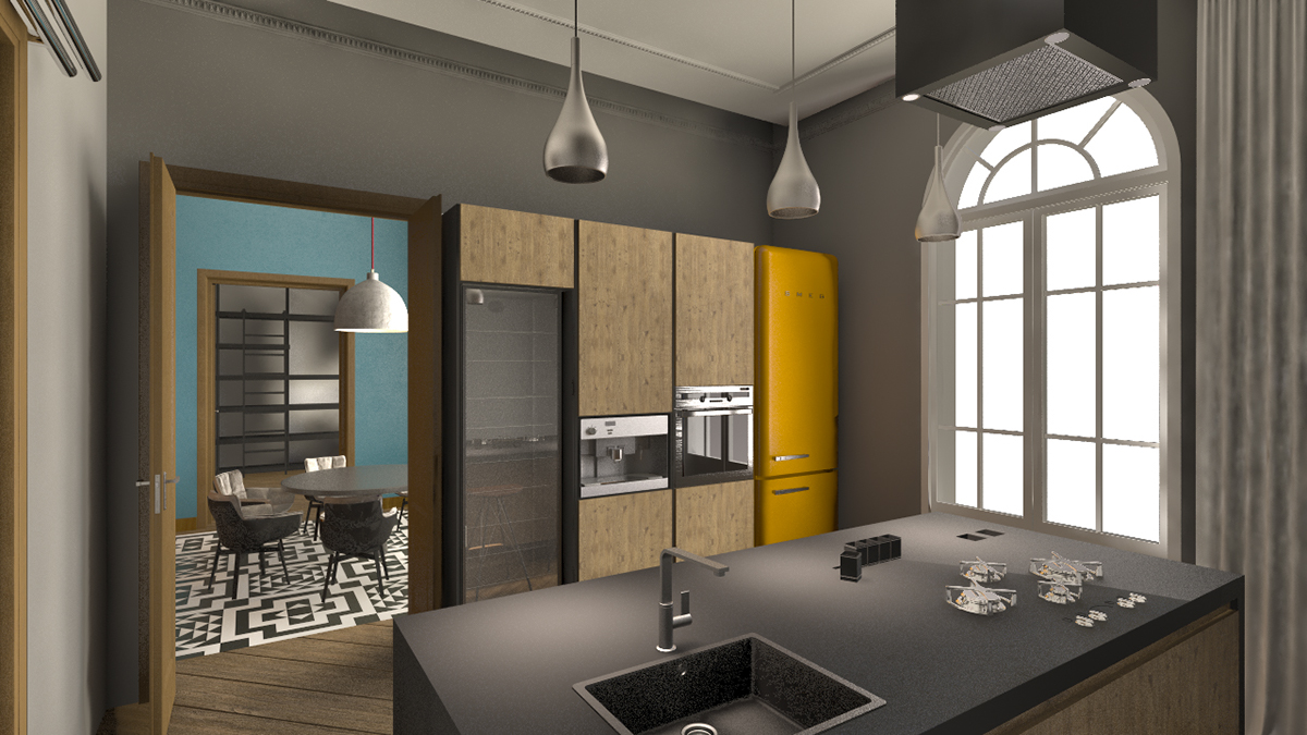 Interior 3D visualization rendering Retro renovation apartment
