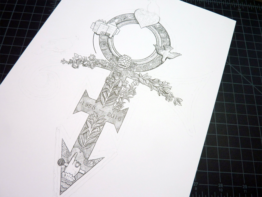 prince Lovesymbol tribute commemoration RIP process step by step black and white pen and ink Drawing 