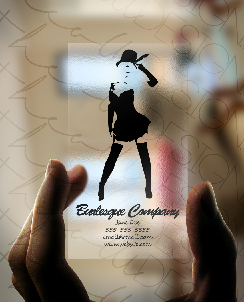Burlesque business card transparent black and white black woman minimal minimalistic design clear plastic translucent