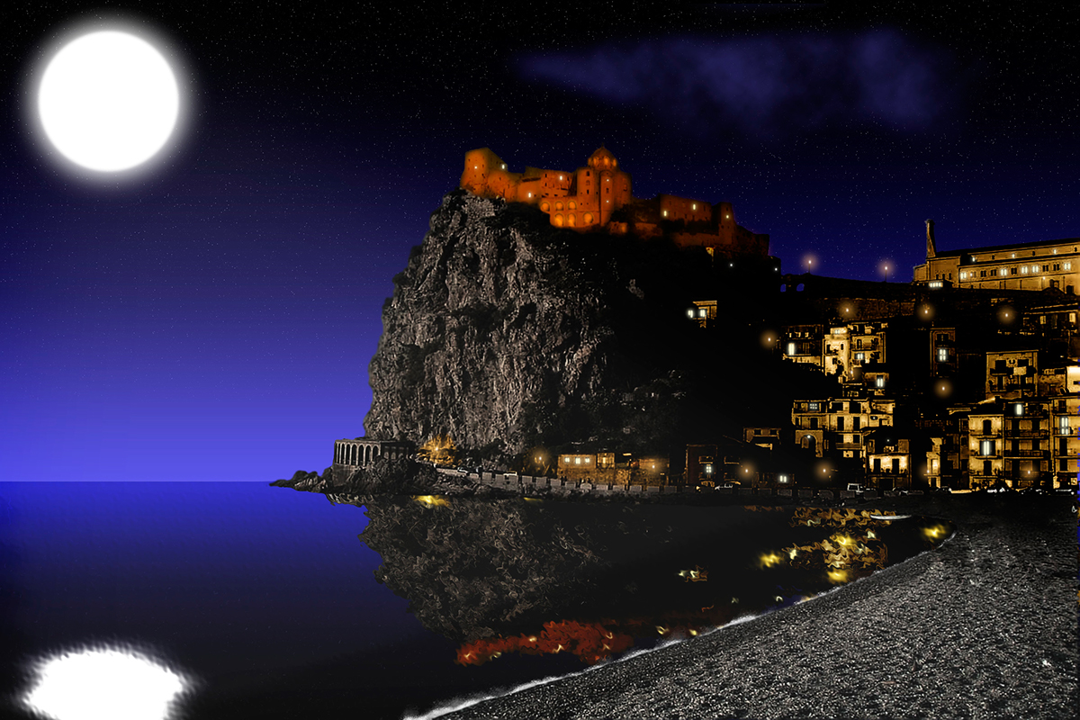 Riflessi lunari Lago Rocca a picco lake sea italian beach moonlight stars pittura digitale fotomontaggio quadro notte photo editing