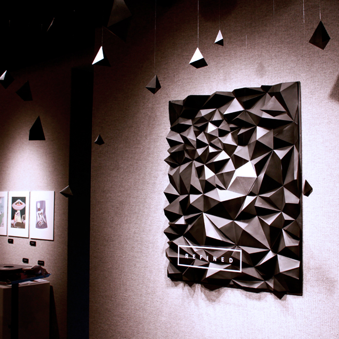 refined student Show Exhibition  diamond  coal Work  paper papercraft geometry geometric black and white campaign oklahoma oklahoma state university senior college poster biography graphic digital video media osu art art department black White gem chic