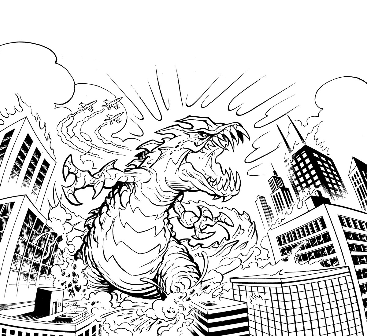 monster action science fiction kaiju godzilla Game Art comic art line and color digital ink