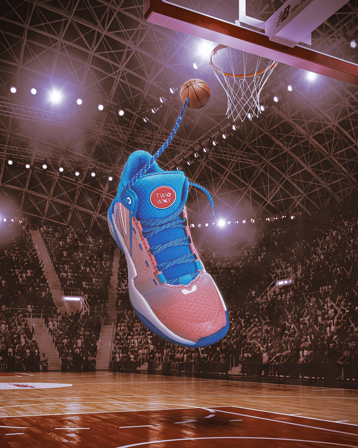 Photo composite of giant sneaker on basketball court. Retouching using Photoshop