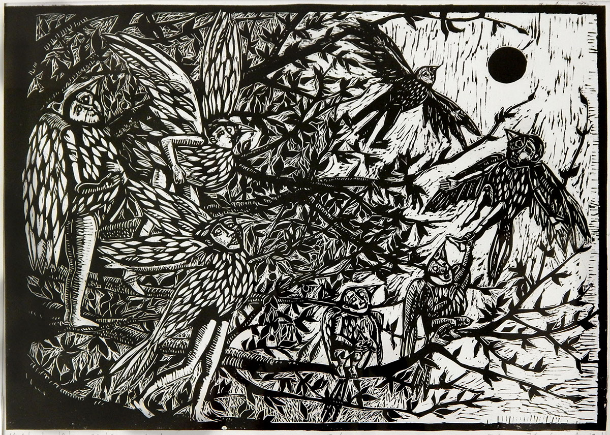 print lino cut black White tale fantasy Cat children woman bird leaves blue frog fine art graphics