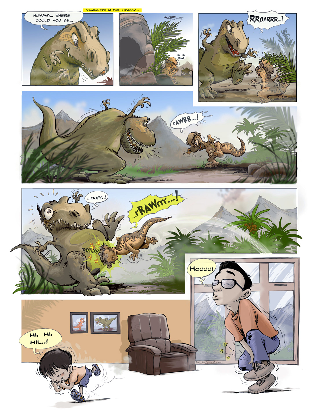 bd comicstrip Dad and Son dinosaurs family jurassic Pachycephalosaurus T rex