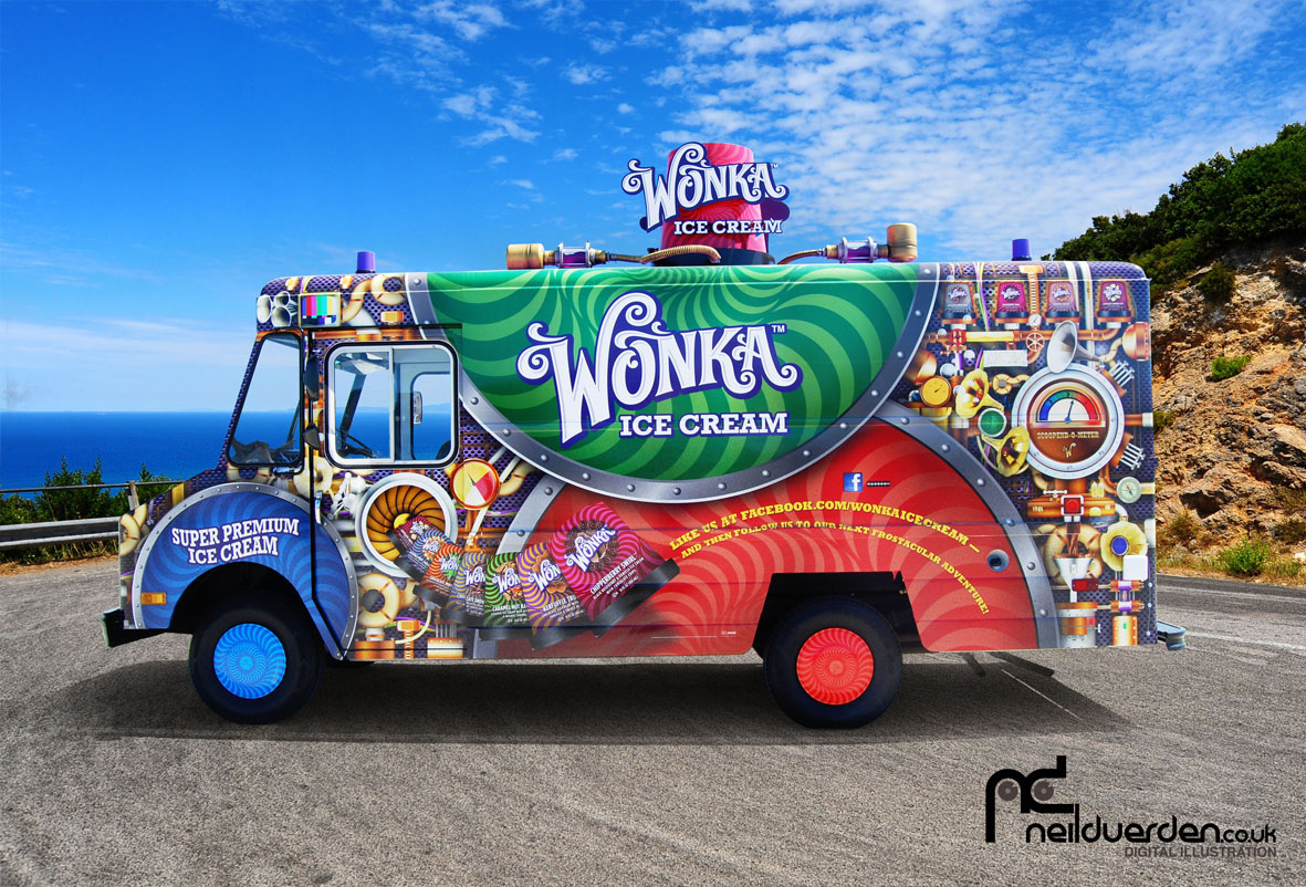 wonka ice cream best vehicle graphics best livery ice cream advert chocolate advert Neil Duerden hippy advert psychedelic Award winning design cadburys advert 3d pipes pipes advert