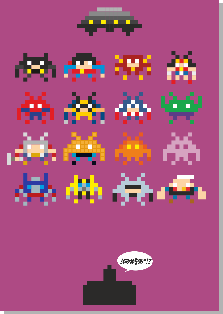 Space  invader pixels pixel batman superman android Starwars Flash woman game 8 bit Retro andthen