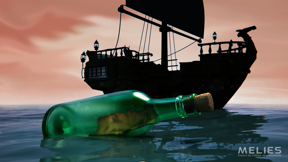 animação curta 3D pirata navio medalhão ouro