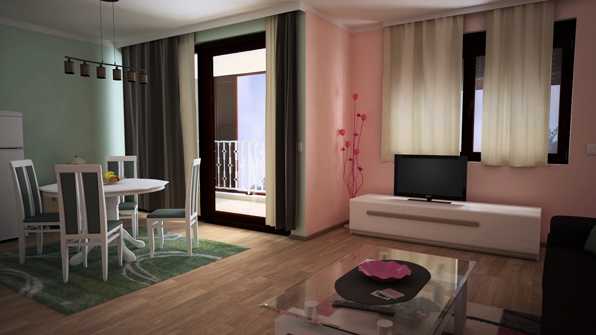 Interior design architectural visualisation apartment simple pink green harmonious