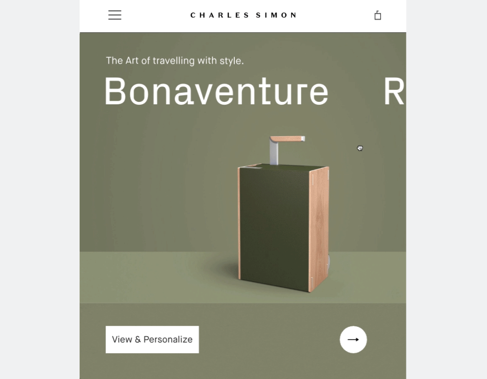 Charles Simon luggage suitcase Montreal interactive clean black and white customization px grotesk