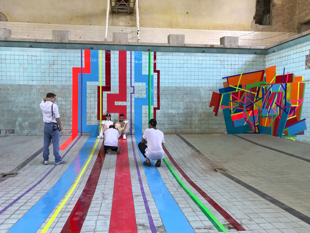 tape art Tapeart tape over urban art streetart shooting Fashion  reebok Mural design