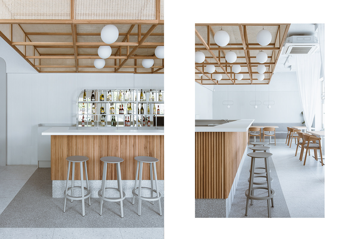 ascetic bar concept design FUTU grey Interior minimalistic modern restaurant Sushi White wood wooden