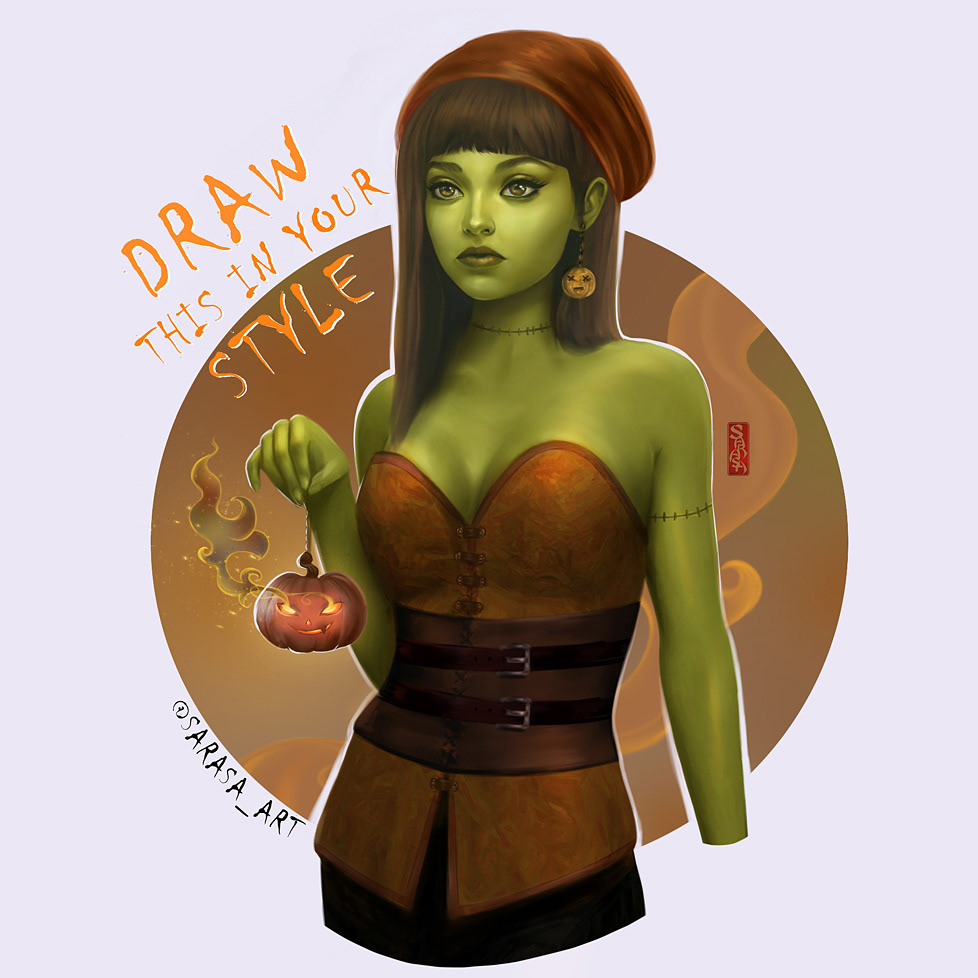 dtiys drawthisinyourstyle oc original character Halloween monster girl Frankenstein Girl Character design  postcard Digital Drawing