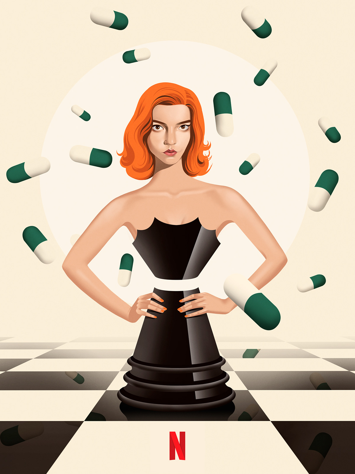 anxiety pills Asya Taylor-Joy chess game illustration portrait Netflix tv series Photoshop Digital art procreate digital art queen of chess queen's gambit SemiRealism illustration