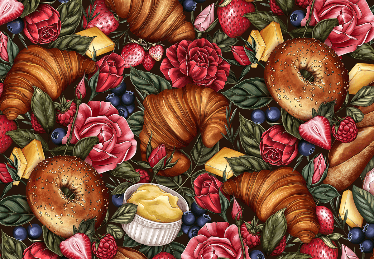 illustration of croissants, bagels, butter and roses.