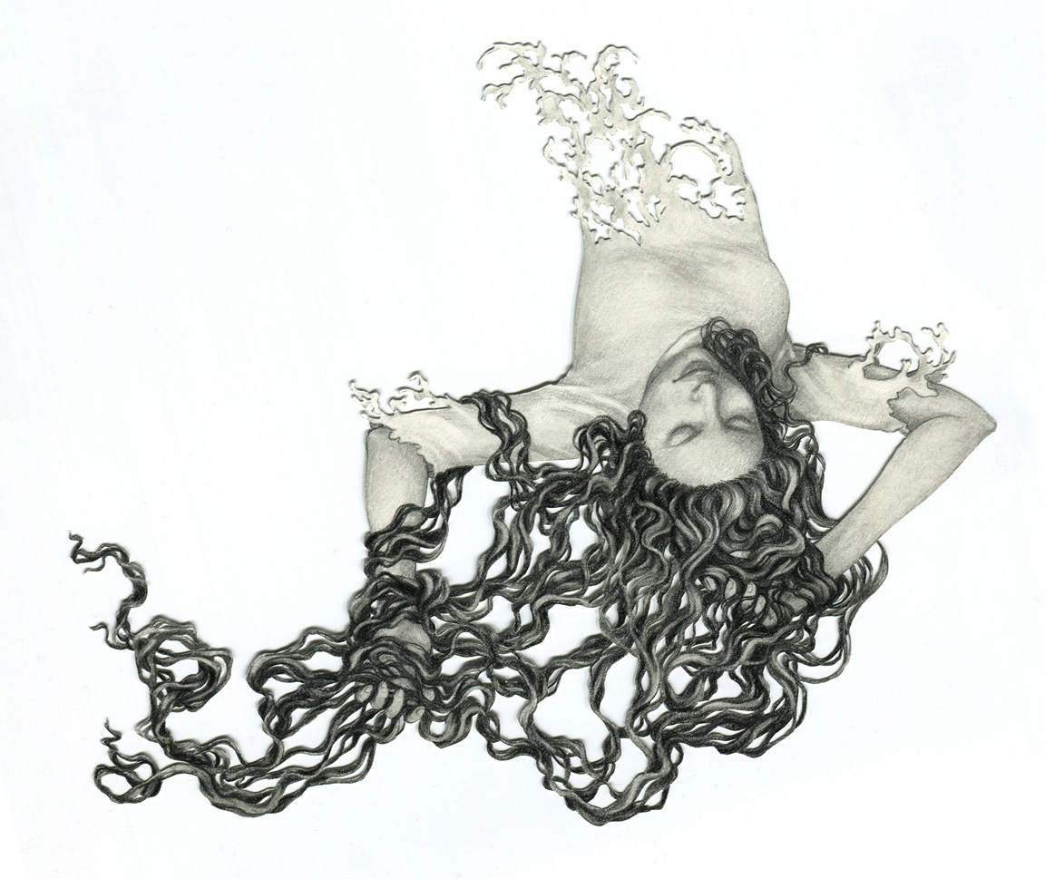 black and white graphite ink monochrome Monochromatic girls hair Style botanical Dynamic surreal fantasy