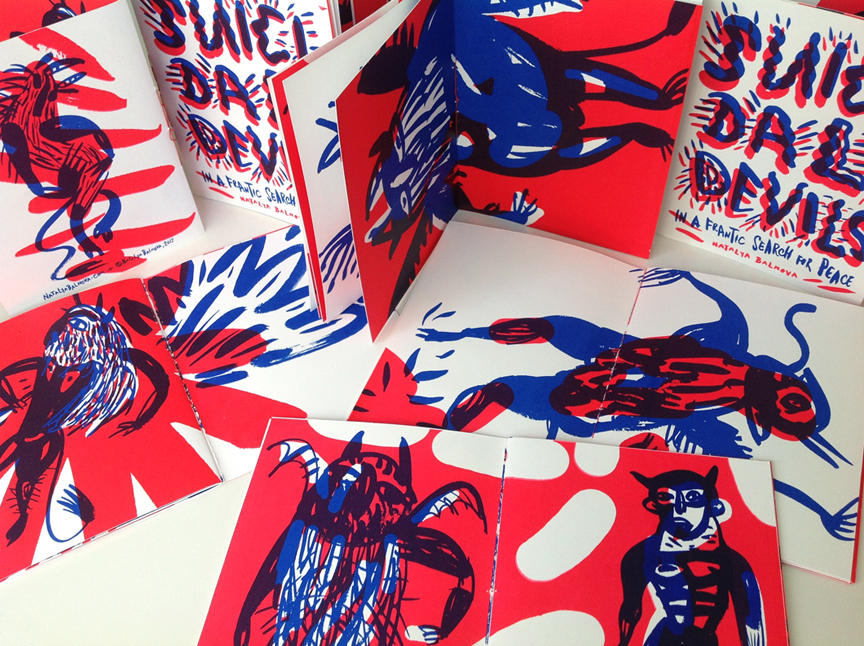 printmaking silkscreen devils mystery book design art-books hand-lettering Zines red blue