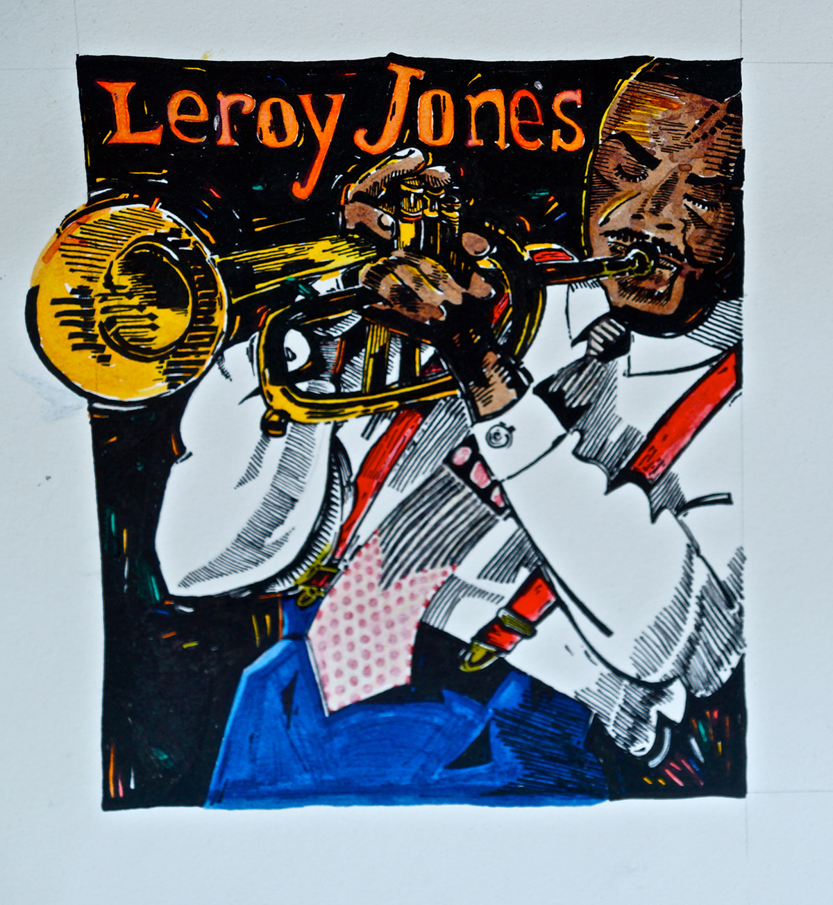 Leroy Jones jazz trumpet Horn musician new orleans pen and ink louisiana tie suspenders