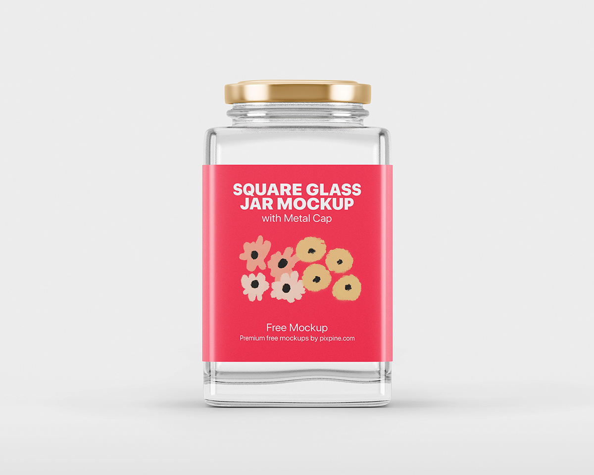 jar glass square metal cap free mockup  branding  Packaging psd template jam honey