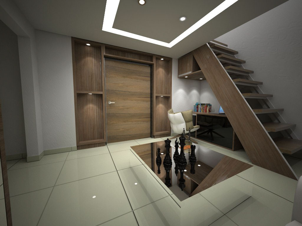 maquete eletronica sala de estar interiores planejados Hall de entrada Escada Render SketchUP vray 3D projeto