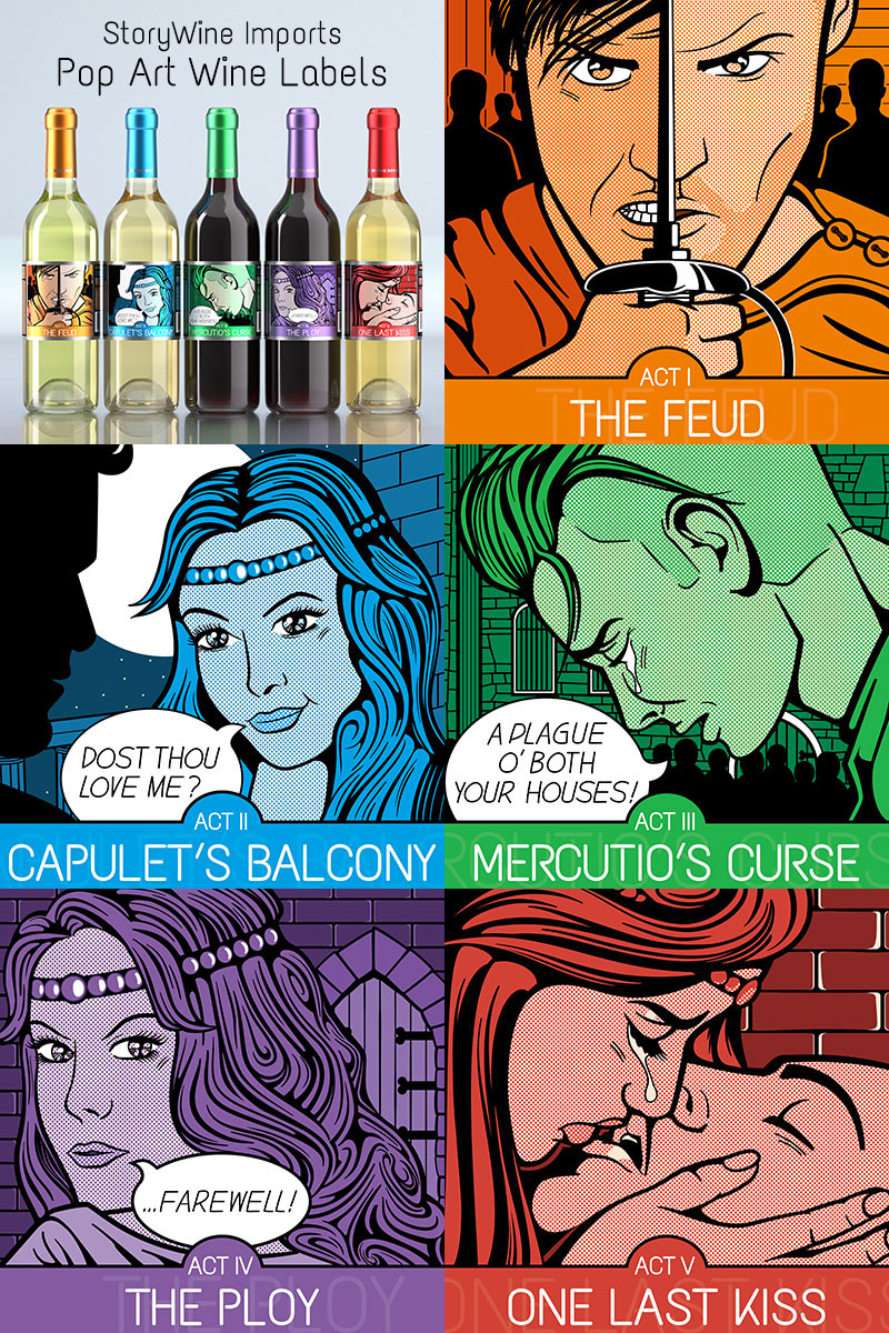 Wine Labels Pop Art Romeo and Juliet lichtenstein Label product design 