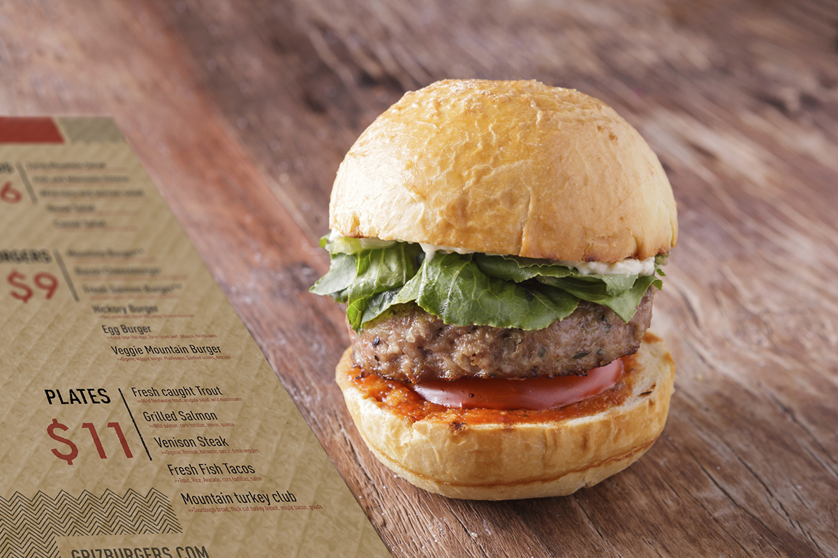 GRiZ brand Griz Mountain Burgers bear Burgers Food truck restaurant menu buisness cards Mockup