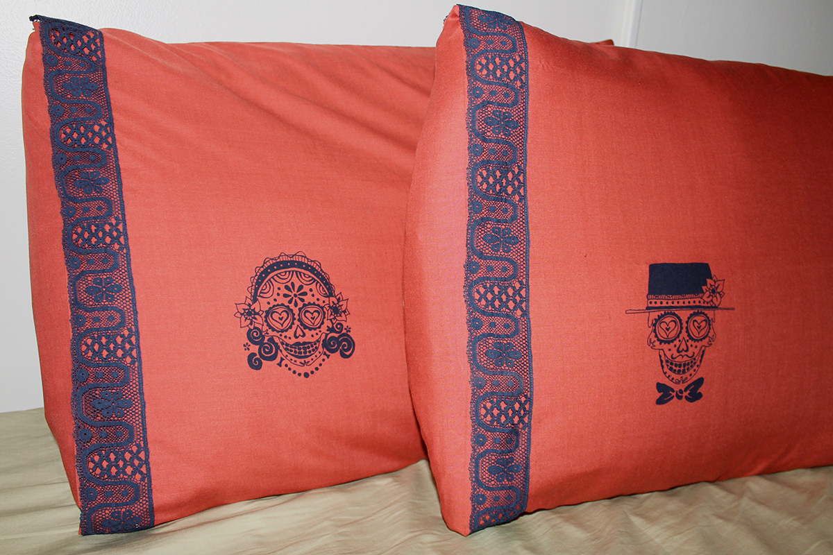 DayoftheDead hisandhers diadelosmuertos sugarskull mexico pillows pillowcases screenprint textiledesign surfacedesign stencil