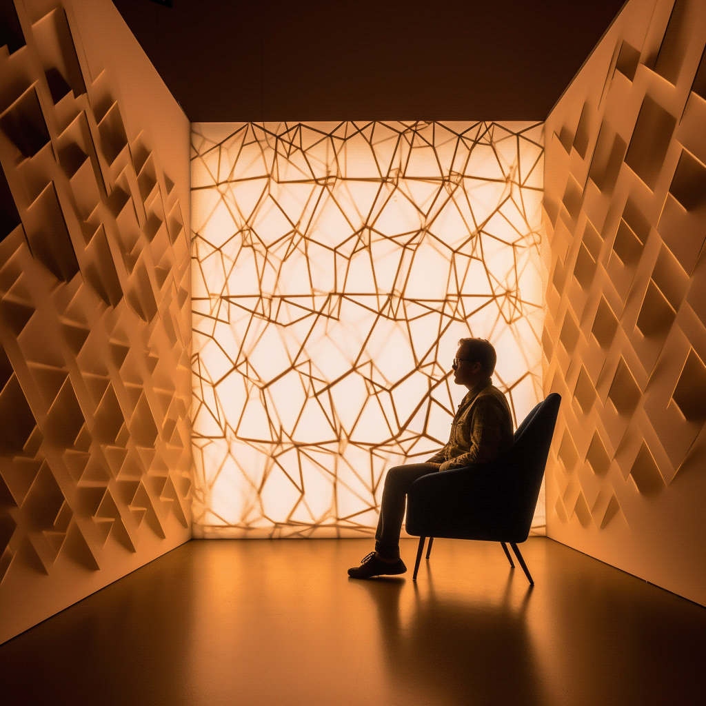 in a room of a design exhibition, central framing of a warm temperature bright wall with a backlight