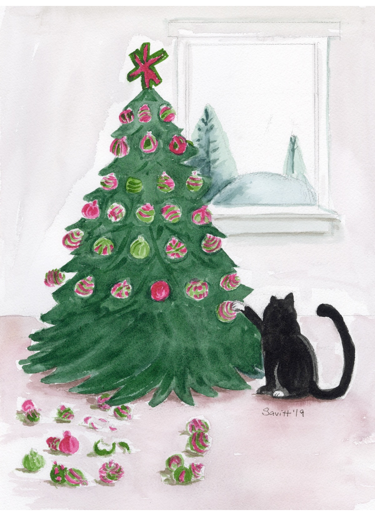 A humorous image of a tuxedo cat knocking ornaments off of a Christmas tree
