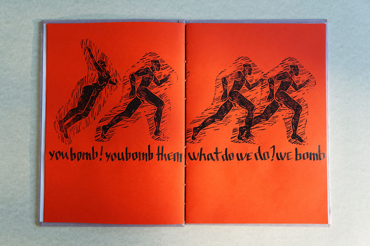 linocut printmaking Zine  book poem handwritten stamps Beatniks bomb