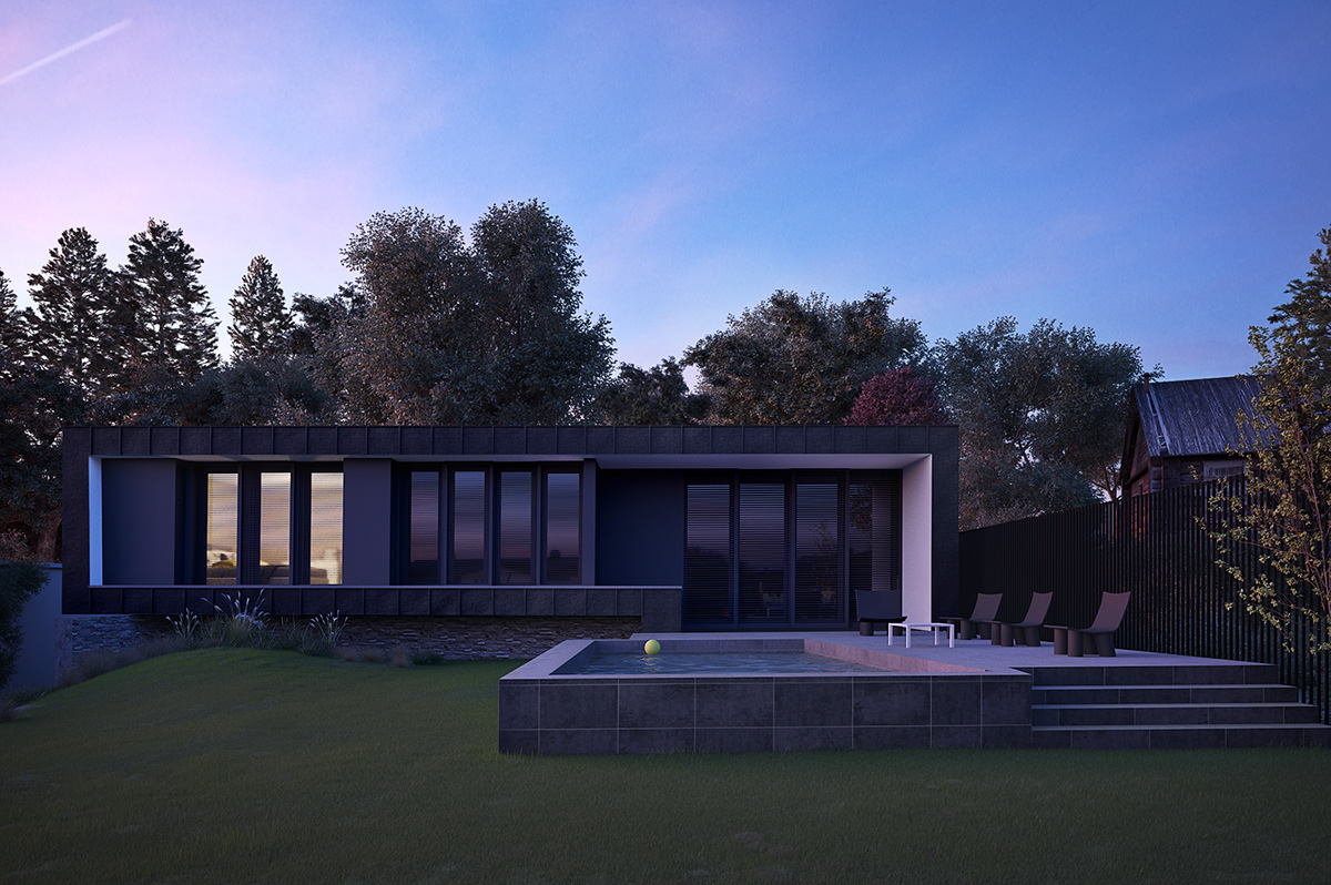 3ds max photoshop exterior Render corona house Pool Evening Day