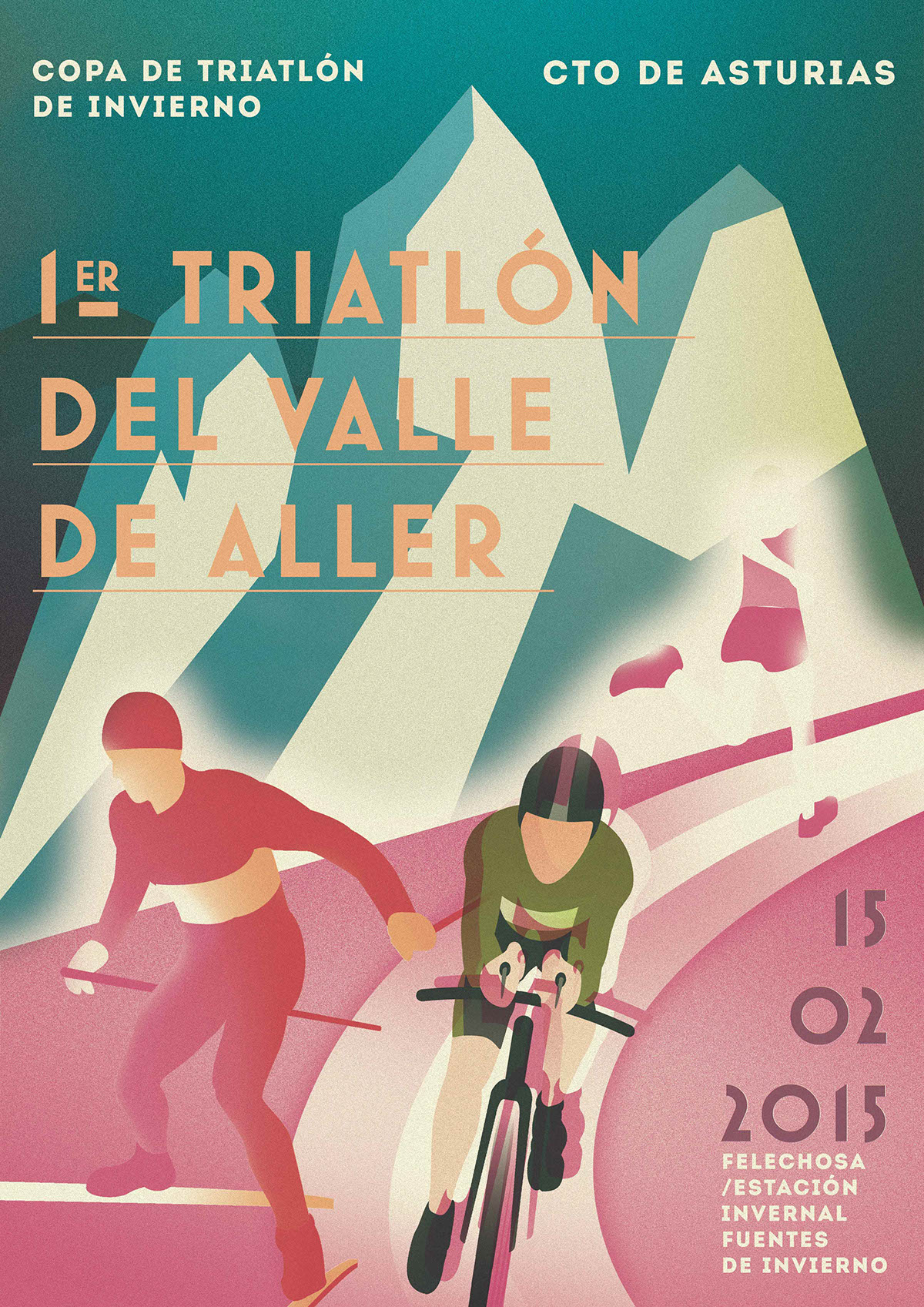 Triathlon winter triathlon poster art poster cartel Cycling running bikes Ski sports hand made hand draw