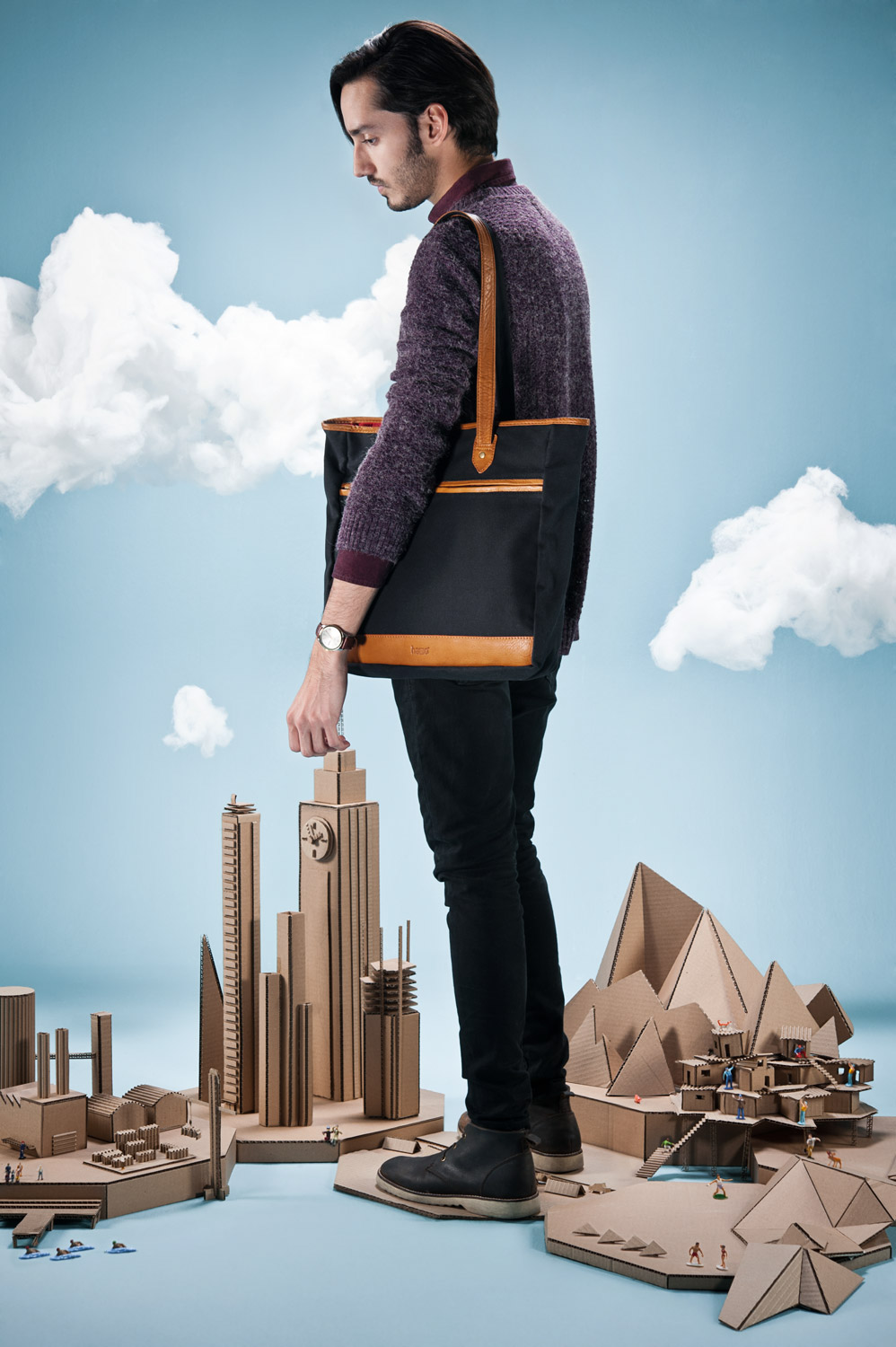 little people Commercial Photography fashion ed leather bag handmade handcraft set construction cardboard