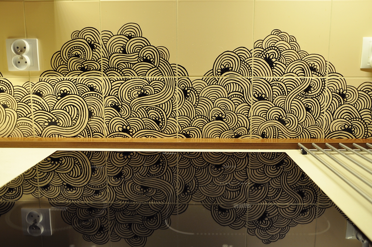 design pattern interiors DIY handmade floral kitchen tiles