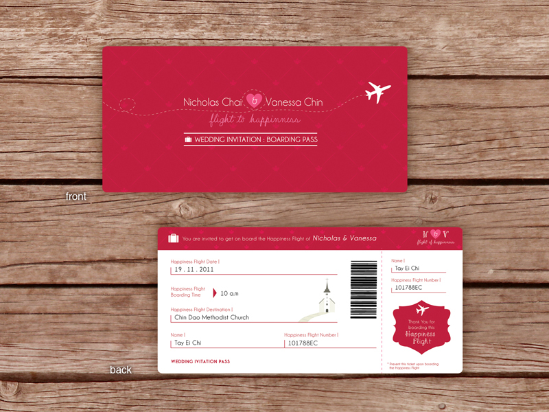 wedding  invitation card Boarding Pass Air Ticket  plane flight happiness red sweet