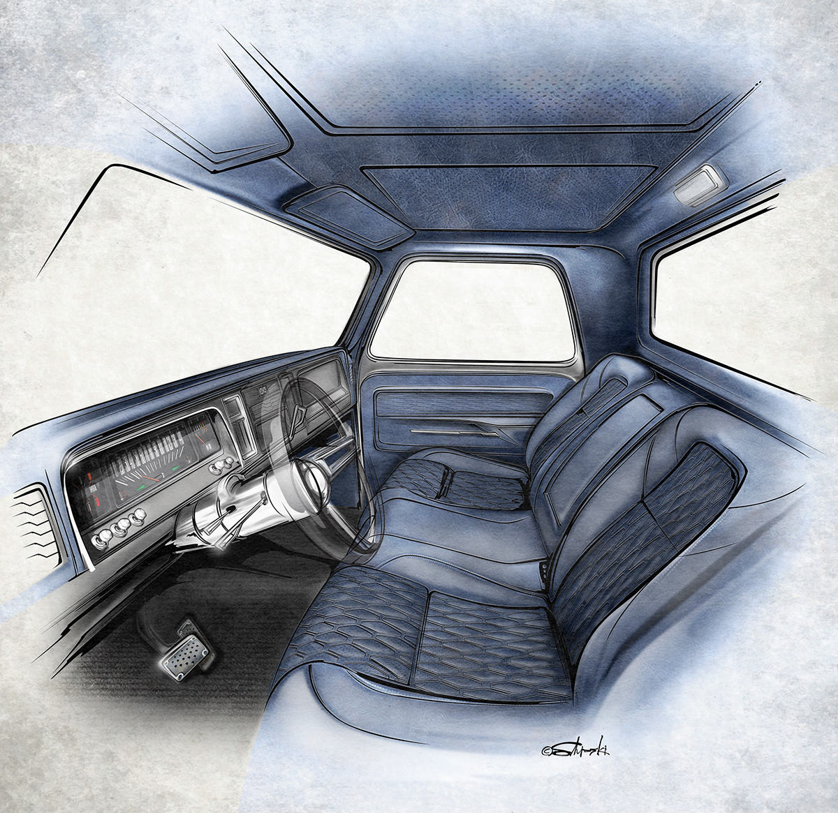 Custom interior design for a Chevy C-10 pickup truck project created in Illustrator and Photoshop