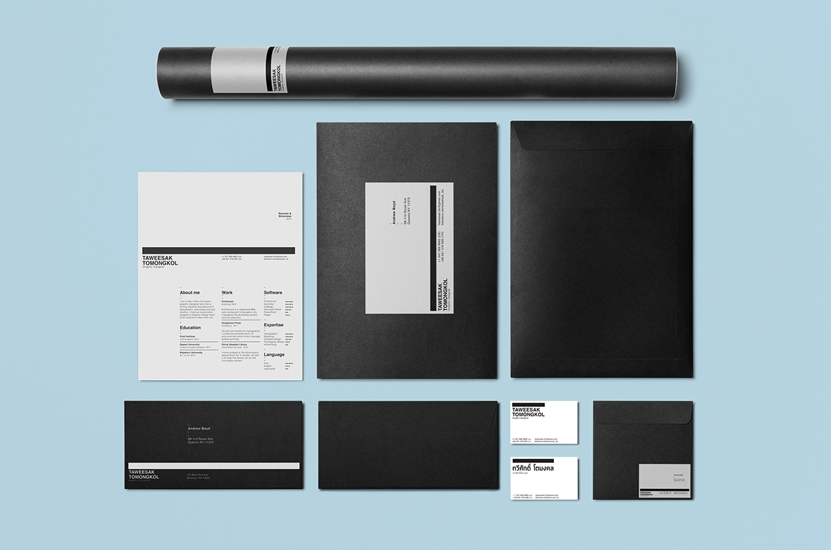 Stationery Resume selfpromotion design black helvetica bold type portfolio identity letterhead brochure print fold