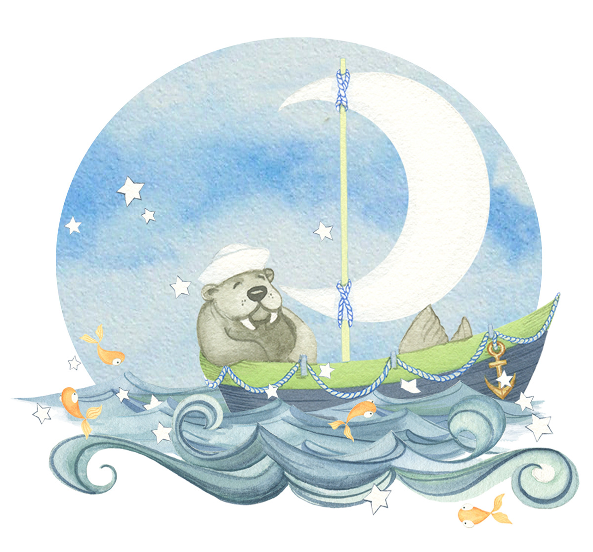 children's ilustration walrus sea stars sailing baby