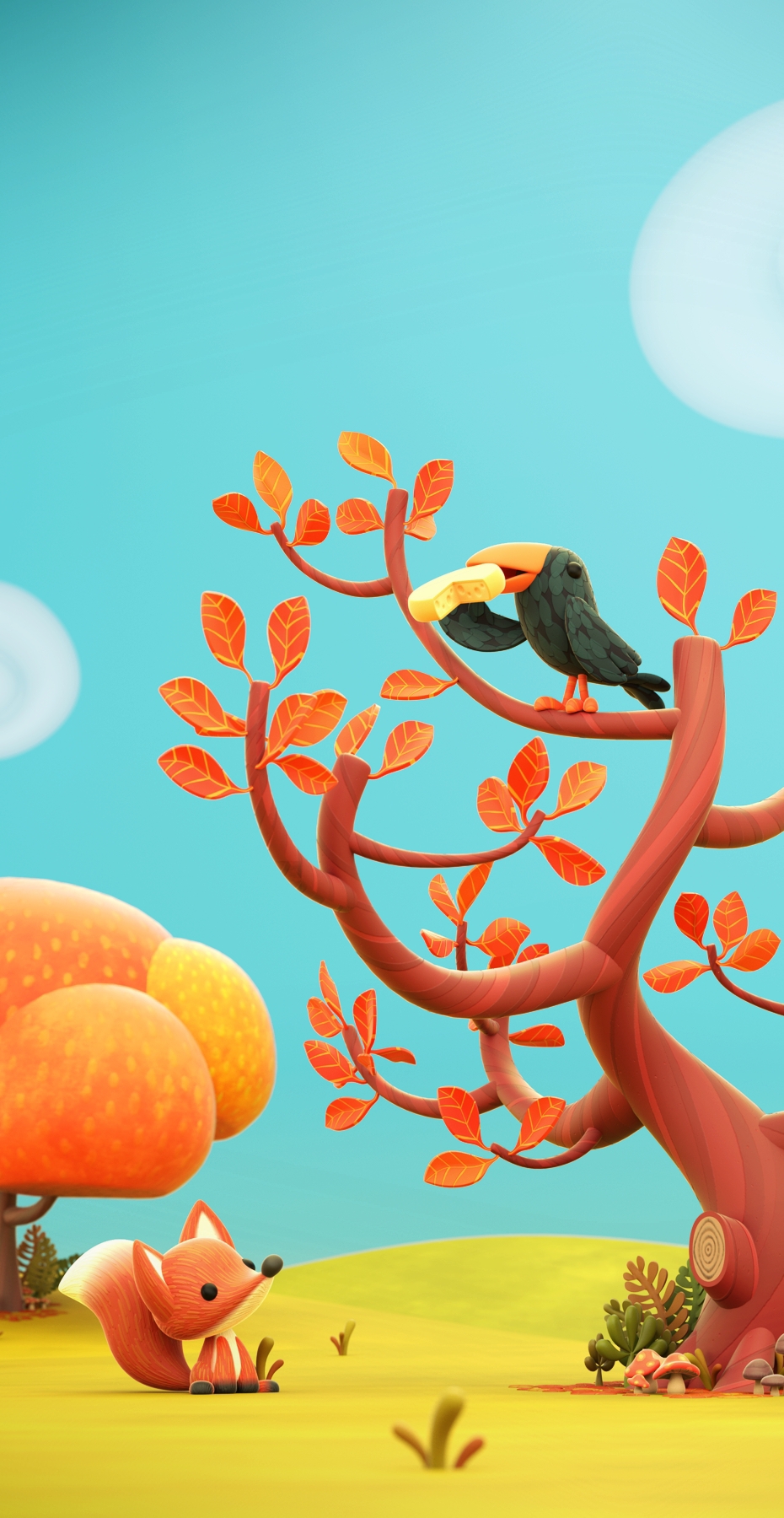 3D FOX blackbird autumn trees leaves
