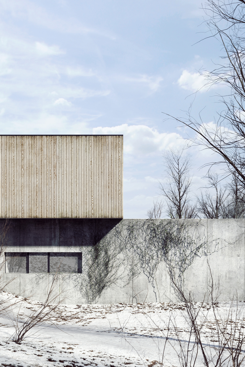 snow concrete wood house CG visualization winter spring poznan jasna rola poland