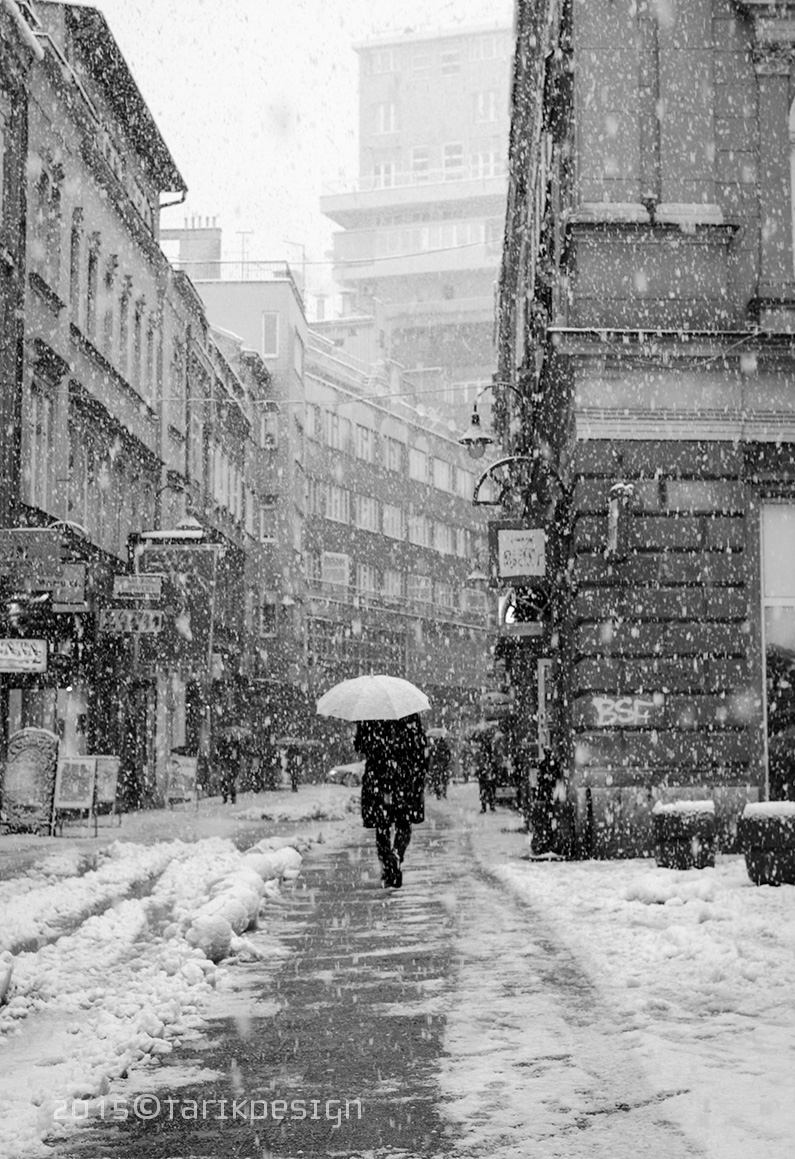 photo series Sarajevo city street photography snowflakes Urban life Europe bridge snow Umbrella walker town hometown homecity