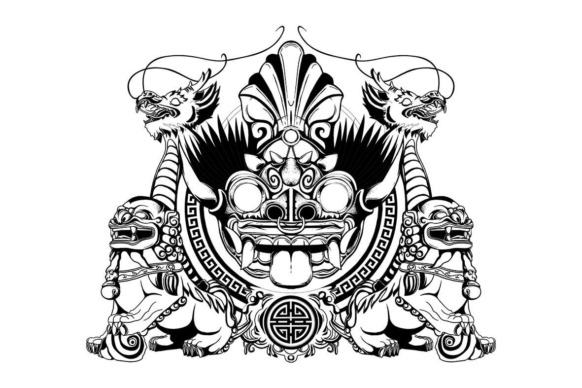 chinese mask demon dragon lion symmetric symetrie Chine Masque black White Illustrator vector