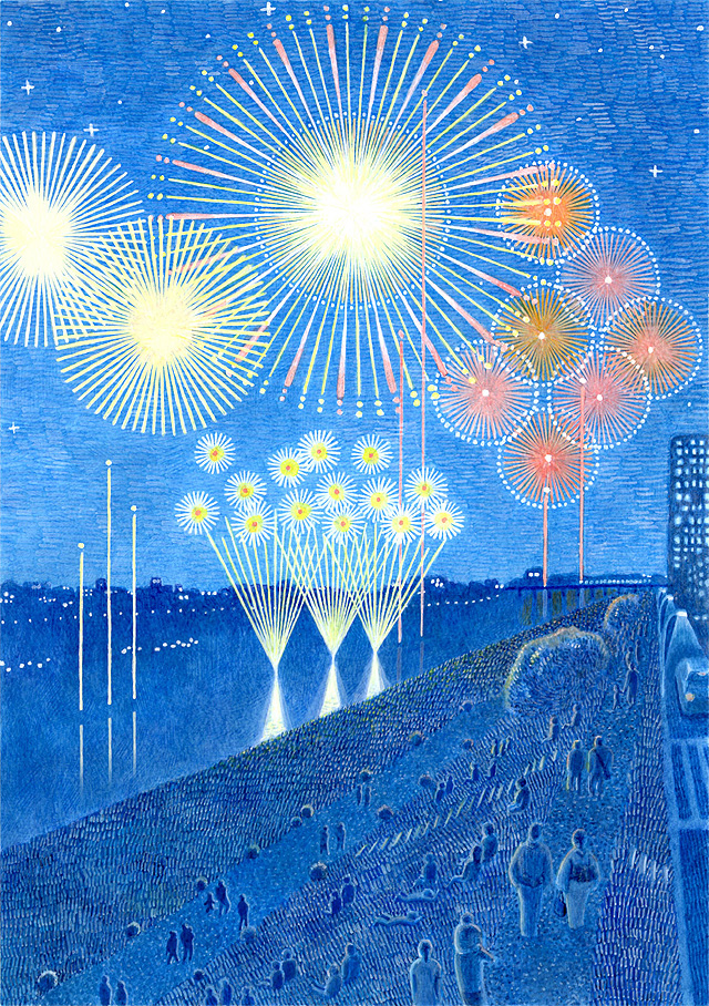 summer night fireworks river star SKY blue ILLUSTRATION 
